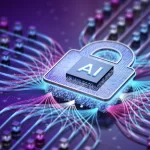 3D illustration of a padlock labeled AI resting on a circuit board with glowing data streams symbolizing secure AI processing and connectivity.