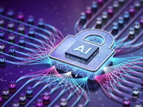 3D illustration of a padlock labeled AI resting on a circuit board with glowing data streams symbolizing secure AI processing and connectivity.