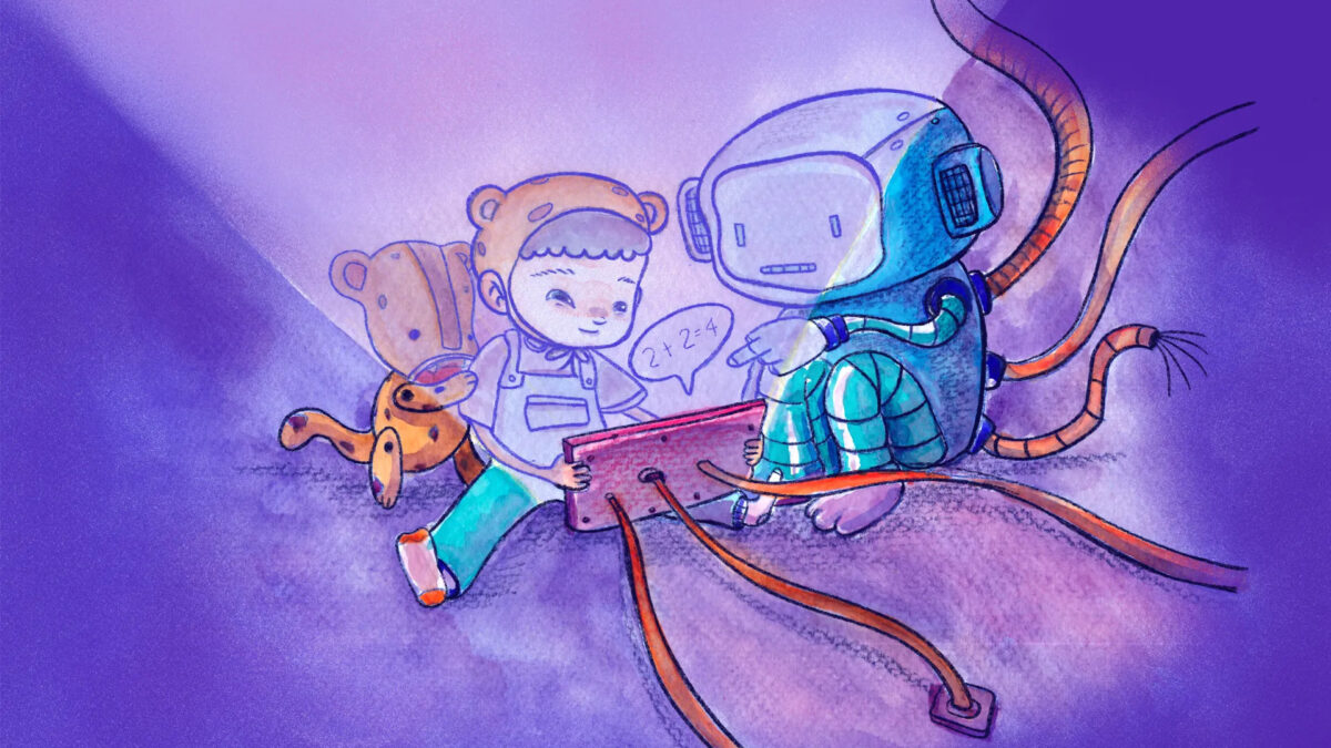 A smiling child in a bear hat sits with a blue space-robot, showing a red tablet while orange cables loop around in a purple background.