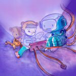 A smiling child in a bear hat sits with a blue space-robot, showing a red tablet while orange cables loop around in a purple background.