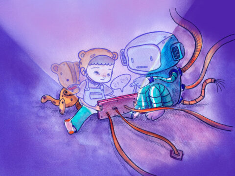 A smiling child in a bear hat sits with a blue space-robot, showing a red tablet while orange cables loop around in a purple background.