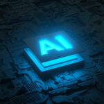 Blue glowing AI symbol atop a dense circuit-board background, representing artificial intelligence technology.