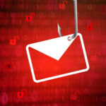 Envelope icon hanging from a hook over a red background filled with padlocks, signaling email security risk or phishing threat.