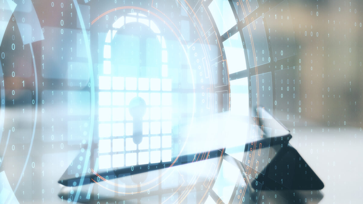 digital-padlock-and-binary-code-on-tablet-screen-2026-01-11-08-47-39-utc - Alpha Abstract digital interface with binary code and circular HUD elements, suggesting data processing or cybersecurity.