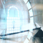 Abstract digital interface with binary code and circular HUD elements, suggesting data processing or cybersecurity.