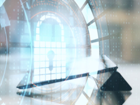 Abstract digital interface with binary code and circular HUD elements, suggesting data processing or cybersecurity.
