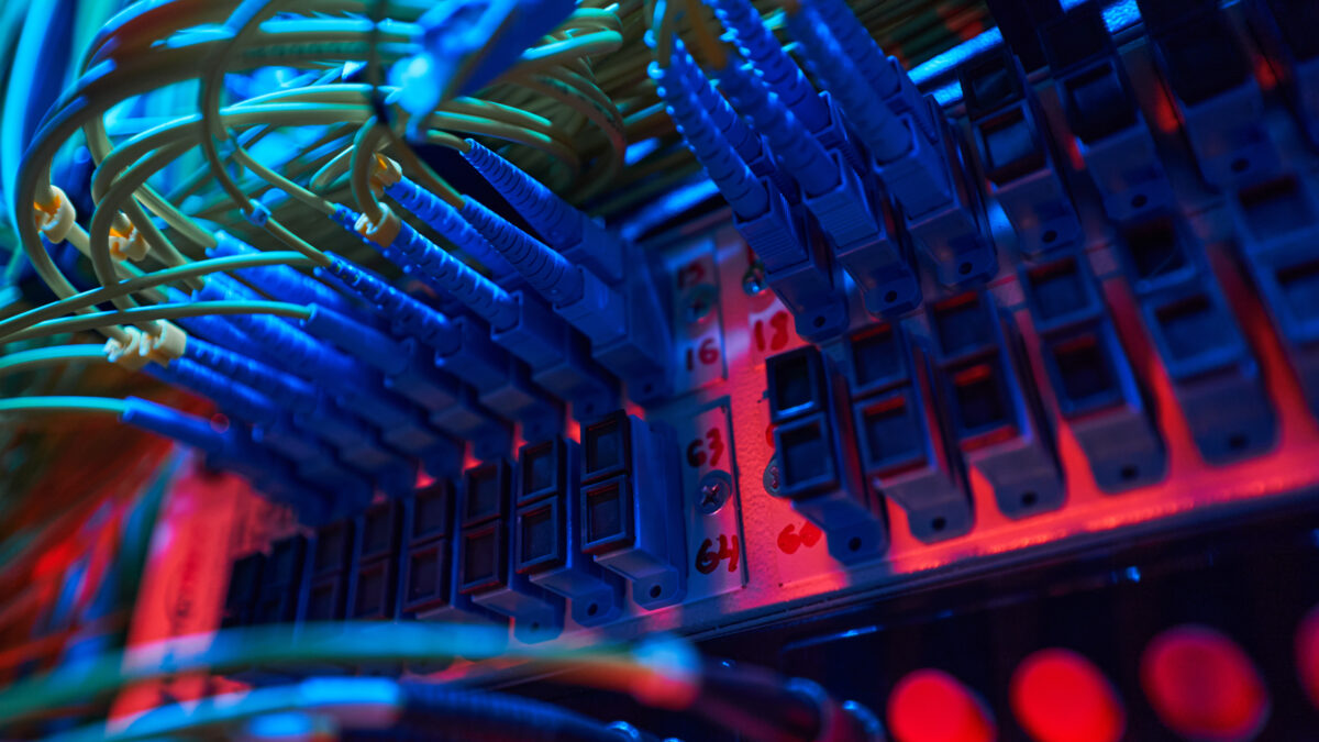Close-up of network cables and patch panels in a server rack under blue and red lighting, highlighting organized data connections.