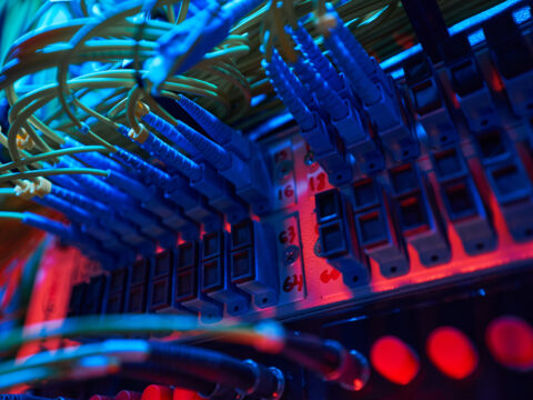 Close-up of network cables and patch panels in a server rack under blue and red lighting, highlighting organized data connections.